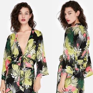 Express Tropical Print Deep V-Neck Tie Front Top